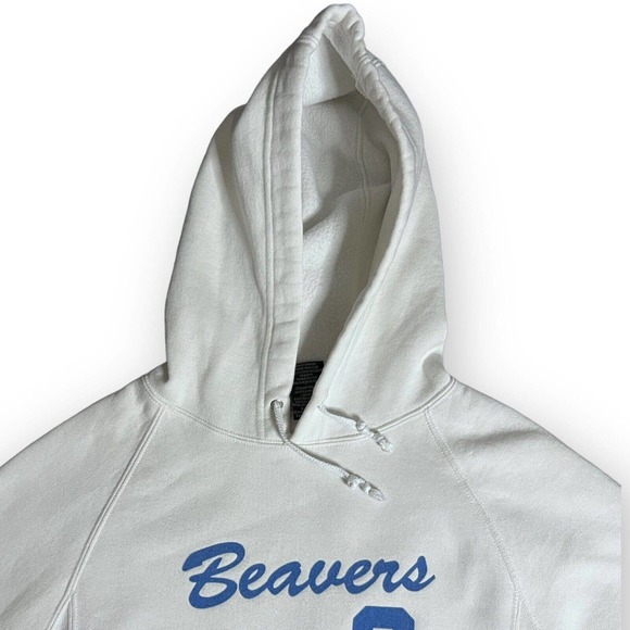 Roots Canada Athletics Women's White & Blue Flocked Graphic Beavers Hoodie Sz S - Picture 4 of 13